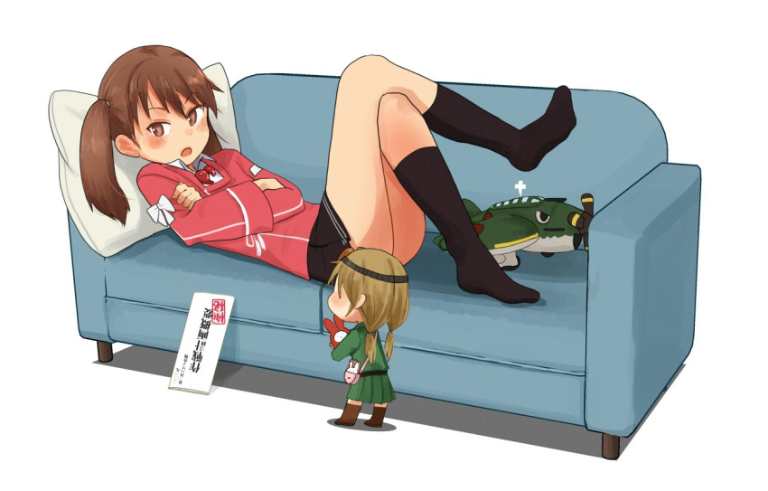 2girls aircraft annin_musou bag bangs black_legwear blush brown_eyes brown_hair couch crossed_arms eyebrows_visible_through_hair fairy_(kantai_collection) handbag japanese_clothes jewelry kantai_collection kariginu long_hair long_sleeves lying magatama multiple_girls on_back open_mouth pillow pleated_skirt ryuujou_(kantai_collection) shikigami simple_background skirt socks translation_request twintails white_background