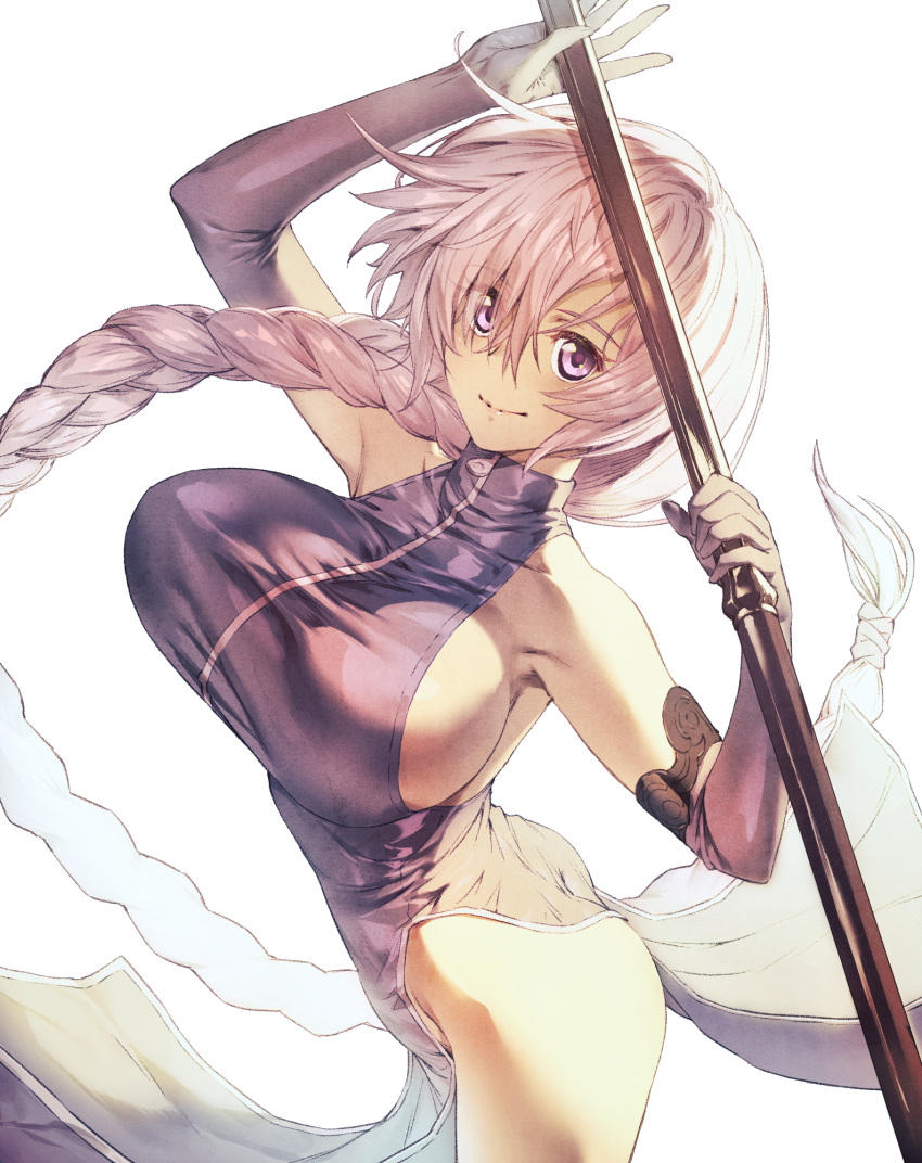 1girl bangs bare_shoulders blush braid breasts china_dress chinese_clothes closed_mouth collarbone cowboy_shot cozy dress elbow_gloves eyebrows_visible_through_hair gloves hair_between_eyes hair_over_shoulder highres holding holding_weapon large_breasts long_hair looking_at_viewer original pelvic_curtain purple_hair side_slit simple_background single_braid sleeveless sleeveless_dress smile solo standing thighs upper_body violet_eyes weapon white_background