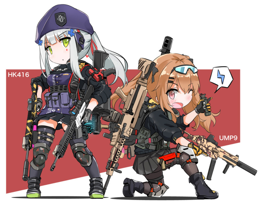 2girls assault_rifle bangs beret black_legwear black_skirt blunt_bangs brown_eyes brown_hair character_name dual_wielding eyebrows_visible_through_hair facial_mark fatkewell fingerless_gloves girls_frontline gloves goggles goggles_on_head green_eyes gun h&amp;k_hk416 h&amp;k_ump h&amp;k_ump9 hat hk416_(girls_frontline) holding holding_gun holding_weapon knee_pads kneeling long_hair looking_at_viewer multiple_girls one_eye_closed open_mouth pantyhose pleated_skirt ponytail rifle silver_hair simple_background skirt standing submachine_gun teardrop thigh-highs twintails ump9_(girls_frontline) weapon