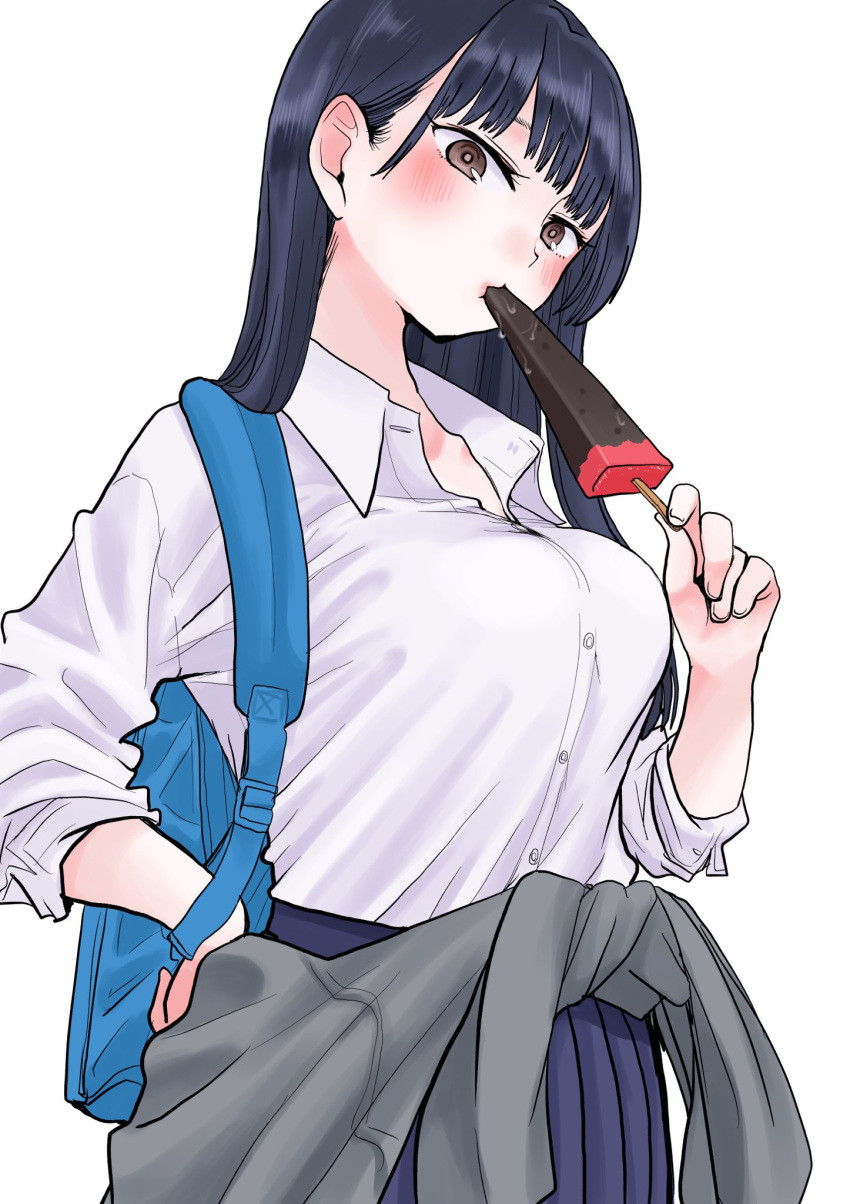 1girl bag bangs black_hair blunt_bangs blush breasts chocolate clothes_around_waist collared_shirt food half-closed_eyes hand_on_hip highres large_breasts long_hair long_sleeves looking_at_viewer lovely_pig328 original pleated_skirt popsicle saliva school_uniform shirt simple_background skirt sleeves_rolled_up solo white_background
