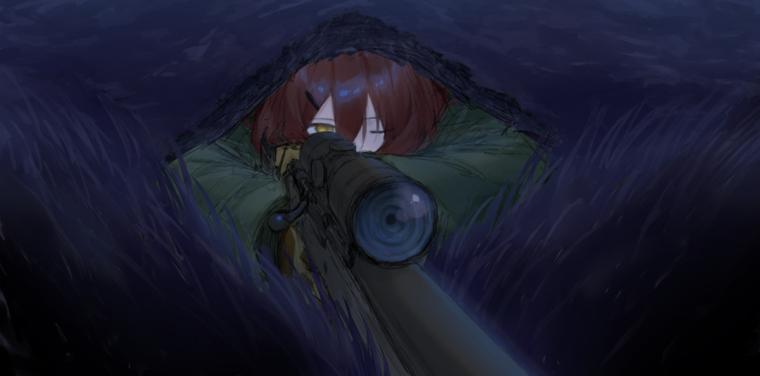 1girl bangs brown_gloves brown_hair eyebrows_visible_through_hair fhang gloves grass green_jacket gun hair_between_eyes hair_ornament hairclip holding holding_gun holding_weapon jacket long_sleeves lying on_stomach one_eye_closed original rifle sniper_rifle sniper_scope solo weapon yellow_eyes