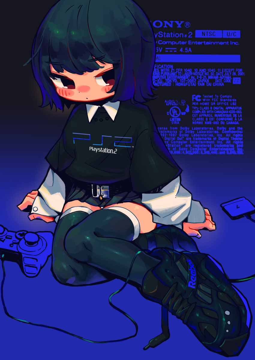 1girl absurdres ahoge bangs belt black_hair blunt_bangs bob_cut closed_mouth collared_shirt controller eyebrows_visible_through_hair game_console game_controller geek gradient gradient_background highres logo_print long_sleeves looking_at_viewer miniskirt moe more_e_4km original original_character playstation playstation_2 red_eyes reebok shiny shiny_hair shirt shoes short_hair sidelocks simple_background skirt sleeve_cuffs sneakers solo sony sweatshirt thigh-highs thighs video_game