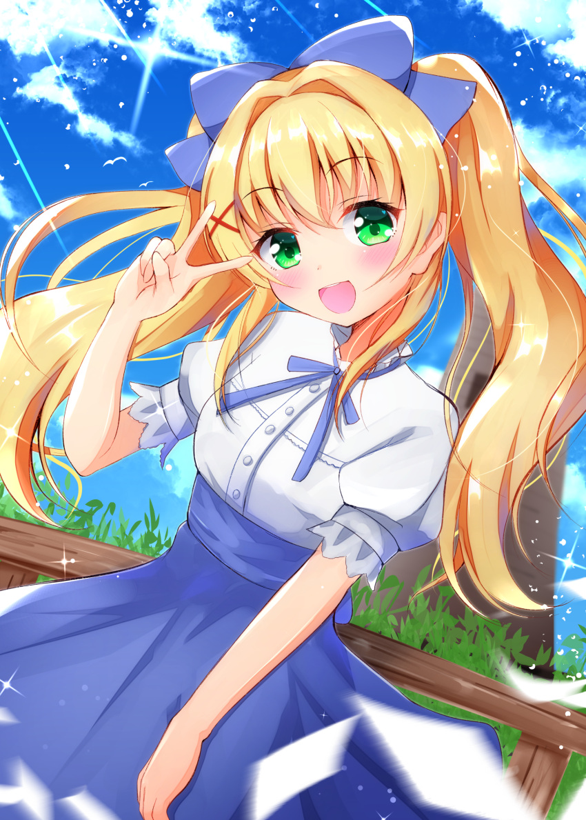 1girl :d bangs blonde_hair blue_bow blue_skirt blue_sky bow breasts clouds commentary_request day dress_shirt eyebrows_visible_through_hair fence green_eyes hair_between_eyes hair_bow hair_ornament hand_up head_tilt highres long_hair open_mouth outdoors puffy_short_sleeves puffy_sleeves round_teeth shirt short_sleeves sidelocks skirt sky small_breasts smile solo summer_pockets teeth tsumugi_wenders twintails upper_teeth v very_long_hair white_shirt x_hair_ornament ymd_(holudoun)