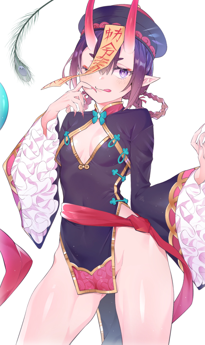 1girl ;d breasts commentary_request cowboy_shot cpqm fang fate/grand_order fate_(series) fingernails hat highres horns jiangshi long_fingernails long_sleeves looking_at_viewer no_panties ofuda one_eye_closed oni oni_horns open_mouth peacock_feathers pointy_ears purple_hair shuten_douji_(fate/grand_order) small_breasts smile solo violet_eyes white_background