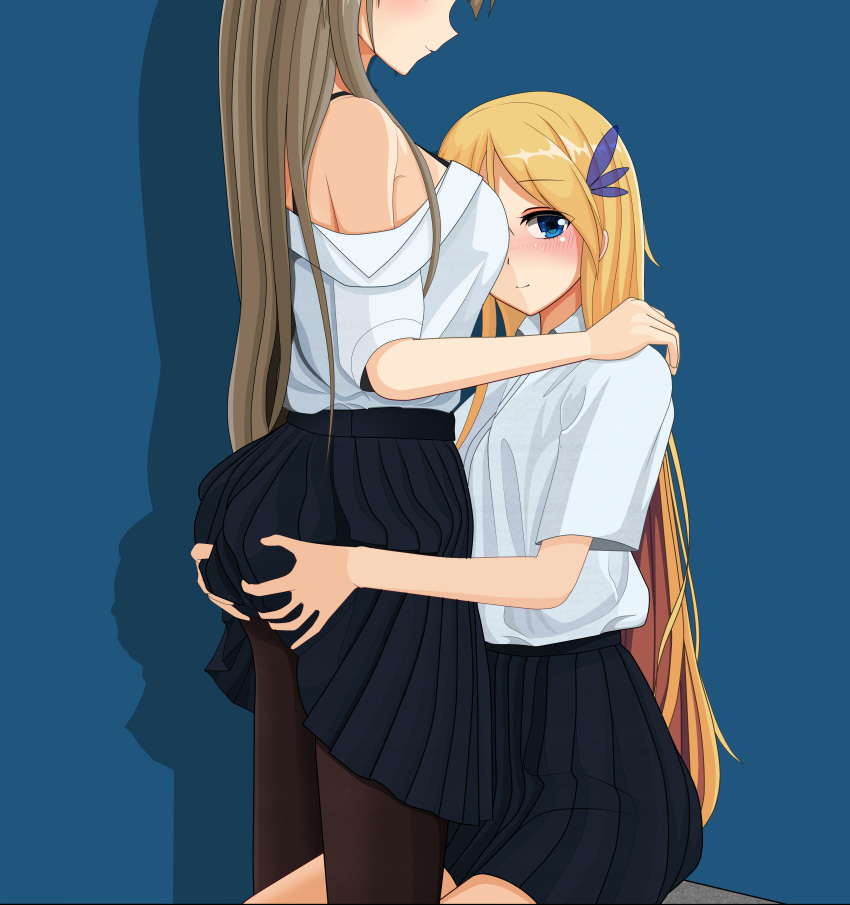 absurdres ass_grab black_legwear blonde_hair blue_background blue_eyes blue_skirt blush breasts brown_hair commentary dress_shirt fffteam hands_on_another's_shoulders head_out_of_frame highres lexington_(warship_girls_r) long_hair looking_at_viewer pantyhose saratoga_(warship_girls_r) shadow shirt sideboob skirt standing warship_girls_r yuri