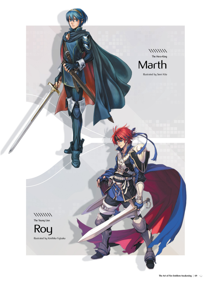 2boys absurdres armor armored_boots artist_name bangs blue_eyes blue_hair boots cape character_name closed_mouth fingerless_gloves fire_emblem fire_emblem:_fuuin_no_tsurugi fire_emblem:_kakusei fire_emblem:_mystery_of_the_emblem fujisaka_kimihiko full_body gloves headband highres holding holding_sword holding_weapon jewelry kita_senri long_sleeves looking_at_viewer male_focus marth multiple_boys official_art page_number pants redhead roy_(fire_emblem) short_hair shoulder_armor simple_background smile standing sword thigh-highs thigh_boots tiara weapon