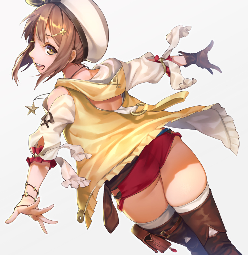 1girl atelier_(series) atelier_ryza brown_eyes brown_gloves brown_hair brown_legwear commentary_request from_behind gloves grey_background hair_ornament hairclip hat highres looking_at_viewer looking_back open_mouth outstretched_arms red_shorts reisalin_stout short_hair short_shorts shorts simple_background single_glove solo tarantulaines teeth thigh-highs thighs upper_teeth white_headwear white_legwear