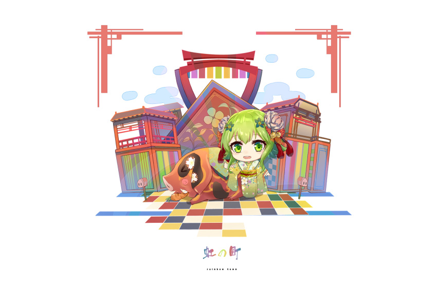 &gt;_&lt; 1girl :d animal blue_flower blue_footwear blush boar bobo_(6630978) carrot chibi closed_eyes commentary_request floral_print flower green_eyes green_hair green_kimono gumi hair_flower hair_ornament japanese_clothes kimono long_sleeves obi open_mouth print_kimono round_teeth sash sleeves_past_wrists smile solo standing teeth translation_request upper_teeth vocaloid white_background wide_sleeves