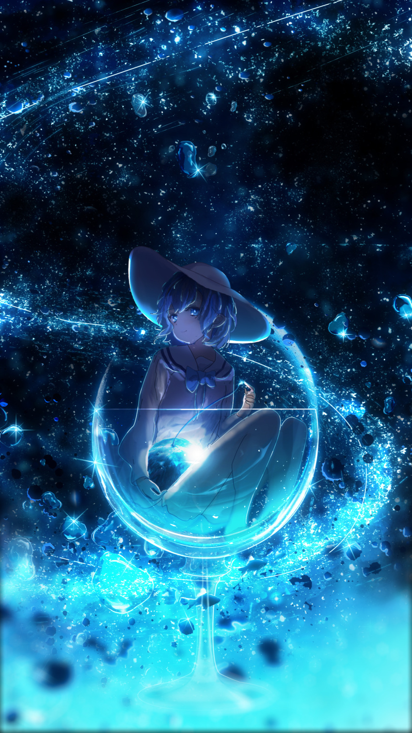 1girl absurdres blue_eyes blue_hair blue_theme bow bowtie cup dark drinking_glass fish hat highres light looking_to_the_side original planet sailor_collar scenery short_hair sitting smile solo space sun_hat surreal water water_drop wine_glass y_y_(ysk_ygc)