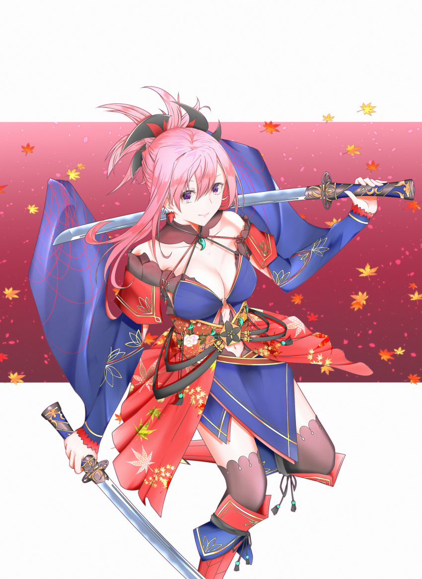 1girl absurdres asymmetrical_hair autumn_leaves black_legwear blue_eyes blue_kimono breasts collarbone commentary commentary_request detached_sleeves dual_wielding earrings fate/grand_order fate_(series) hair_ornament highres holding holding_sword holding_weapon huge_filesize japanese_clothes jewelry katana kimono large_breasts leaf_print looking_at_viewer looking_up magatama maple_leaf_print miyamoto_musashi_(fate/grand_order) navel_cutout obi pink_hair ponytail sash sheath sheathed short_kimono sleeveless sleeveless_kimono solo sword thigh-highs unsheathed weapon wide_sleeves winered07