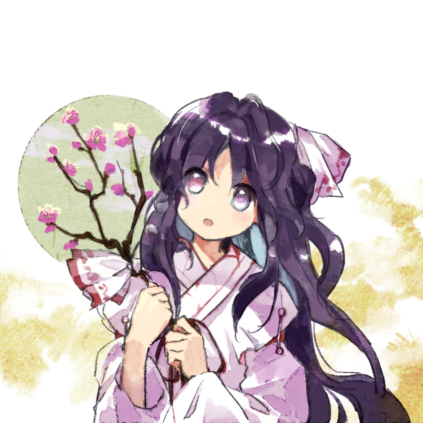 blue_hair branch cherry_blossoms colored_inner_hair commentary_request flat_chest girl_who_trained_on_mt._haku_(touhou) heterochromia highres holding holding_branch japanese_clothes kaigen_1025 kimono long_hair long_sleeves looking_at_viewer miko multicolored_hair no_nose open_mouth pink_eyes portrait_of_exotic_girls purple_hair touhou upper_body violet_eyes white_kimono white_sleeves