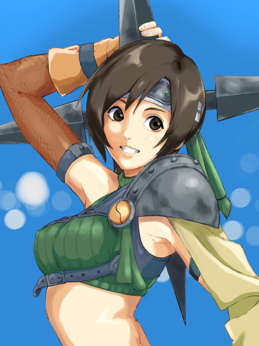 1girl arm_up armor armpits blue_background breasts brown_eyes brown_hair commentary_request final_fantasy final_fantasy_vii fingerless_gloves fishnets gloves grin headband highres looking_back medium_breasts midriff ninja pretty-purin720 short_hair shuriken sleeveless sleeveless_turtleneck smile solo turtleneck upper_body yuffie_kisaragi