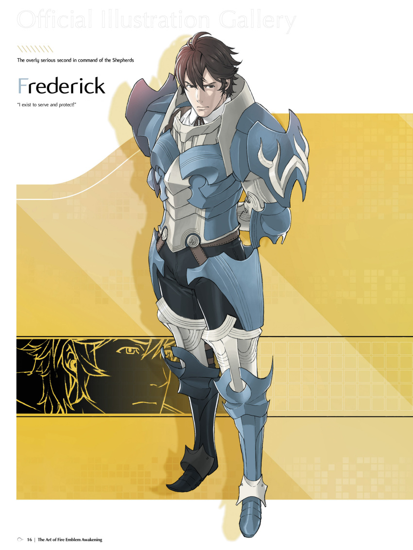 1boy absurdres armor black_pants blue_armor brown_hair character_name fire_emblem fire_emblem:_kakusei frederik_(fire_emblem) full_body gauntlets greaves highres kozaki_yuusuke looking_at_viewer male_focus official_art page_number pants serious shoulder_armor sideburns simple_background solo standing