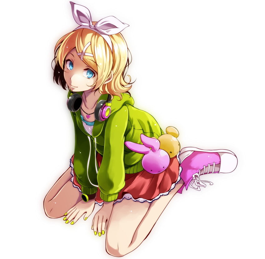 1girl bangs blonde_hair blue_eyes bow cardigan closed_mouth cross-laced_footwear full_body green_sweater hair_bow hairband headphones headphones_around_neck heart heart_necklace highres hood hood_down hooded_sweater kagamine_rin looking_at_viewer melancholic_(vocaloid) miniskirt nail_polish open_cardigan open_clothes pink_footwear project_diva_(series) red_skirt ribbon shirt short_hair simple_background sitting skirt smile solo sweater swept_bangs tsukishiro_saika vocaloid wariza watch watch white_background white_bow white_hairband white_ribbon white_shirt yellow_nails