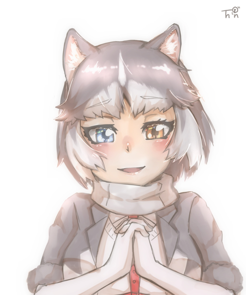 1girl animal_ear_fluff animal_ears backlighting blue_eyes commentary_request dog_(mixed_breed)_(kemono_friends) dog_ears elbow_gloves eyebrows_visible_through_hair fur-trimmed_sleeves fur_trim gloves grey_hair hands_clasped heterochromia highres kemono_friends looking_at_viewer multicolored_hair own_hands_together parted_lips short_hair short_sleeves signature simple_background smile solo thin_(suzuneya) two-tone_hair upper_body white_background white_gloves white_hair yellow_eyes