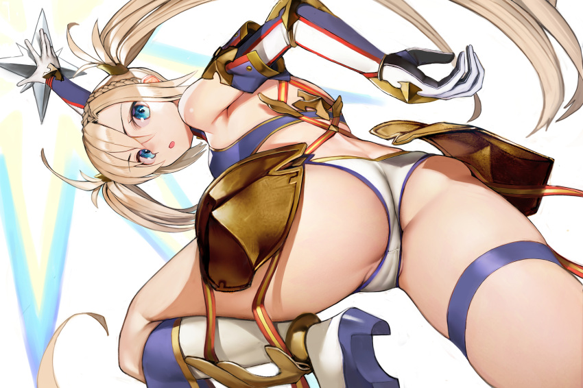 1girl arm_up ass bangs bare_shoulders blonde_hair blue_eyes blush bradamante_(fate/grand_order) braid commentary_request crown_braid elbow_gloves eyebrows_visible_through_hair fate/grand_order fate_(series) faulds french_braid from_below gloves hair_between_eyes highres long_hair looking_at_viewer looking_down nyatabe open_mouth simple_background solo thigh_strap thighs twintails two-tone_bikini very_long_hair white_background