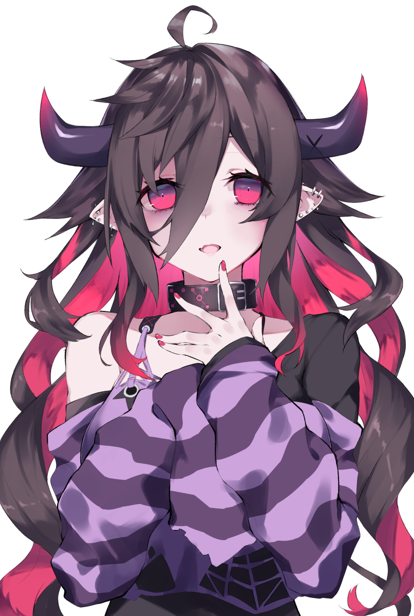 1girl absurdres ahoge bags_under_eyes bangs bare_shoulders black_hair black_shirt ear_piercing fang goma0616 hair_between_eyes highres horns long_hair long_sleeves looking_ahead looking_at_viewer multicolored_hair nijisanji off_shoulder open_mouth piercing pink_hair pink_nails pointy_ears purple_shirt shirt simple_background sleeves_past_fingers sleeves_past_wrists solo striped striped_shirt torn_clothes torn_shirt two-tone_hair upper_body very_long_hair white_background yamiyono_moruru