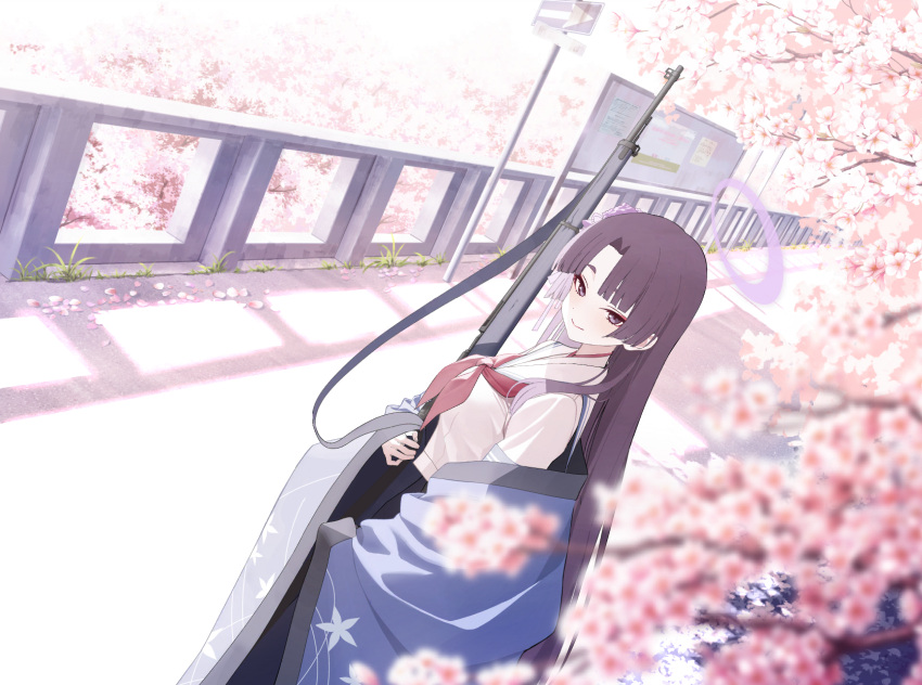 1girl absurdres artist_request blue_archive blunt_bangs blush center-flap_bangs cherry_blossoms cherry_tree eyeliner eyeshadow fence flower game_cg hair_flower hair_ornament halo haori highres hime_cut japanese_clothes long_hair looking_to_the_side makeup neckerchief non-web_source official_art outdoors parted_bangs pink_flower purple_hair purple_halo red_eyeliner red_eyeshadow red_neckerchief road road_sign sailor_collar shirt_overhang sidelocks sign solo street very_long_hair white_sailor_collar yukari_(blue_archive)