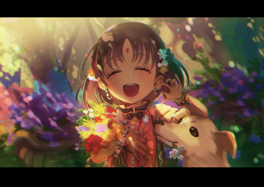 1girl asha_(fate) bindi black_bow black_hair bow braid closed_eyes dog earrings facing_viewer fate/grand_order fate_(series) flower galibo hair_flower hair_ornament happy jewelry letterboxed long_hair mouth_hold open_mouth smile solo twin_braids upper_body