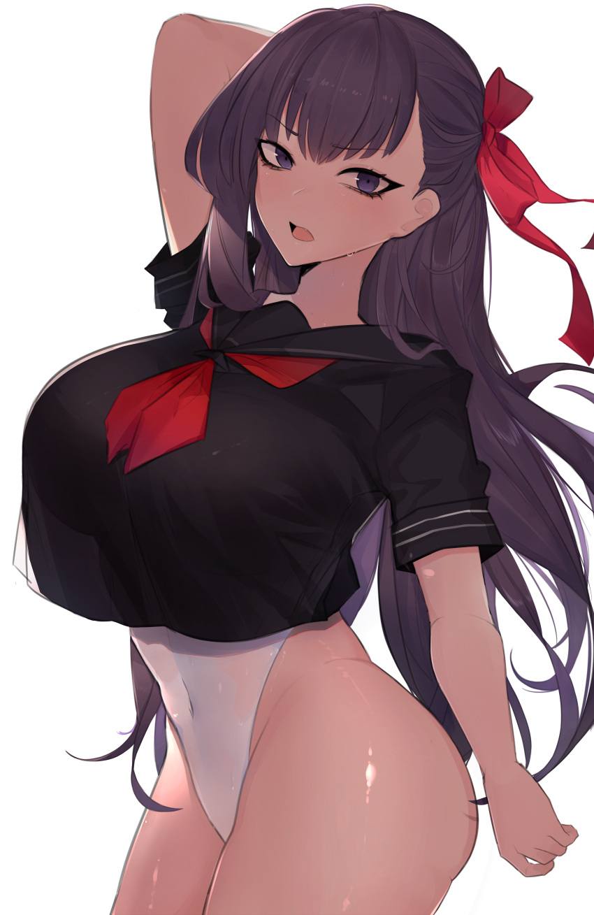1girl absurdres arm_up bangs bb_(fate)_(all) bb_(fate/extra_ccc) black_shirt blush breasts crop_top crop_top_overhang fate/extra fate/extra_ccc fate_(series) hair_ribbon highleg highleg_leotard highres huge_filesize large_breasts leotard long_hair looking_at_viewer oni_noodle open_mouth purple_hair red_neckwear red_ribbon ribbon sailor_collar shirt short_sleeves simple_background solo violet_eyes white_background white_leotard