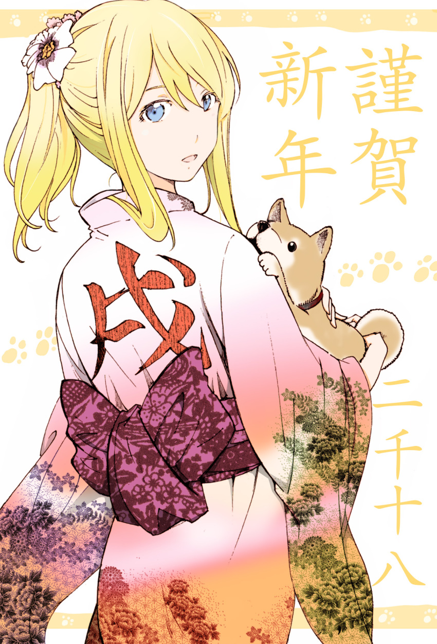 1girl animal blonde_hair blue_eyes break_blade dog floral_print flower from_behind hair_flower hair_ornament highres holding holding_animal japanese_clothes kimono long_hair long_sleeves looking_at_viewer looking_back nengajou new_year print_kimono sidelocks sigyn_erster solo standing white_flower white_kimono wide_sleeves yoshinaga_yunosuke