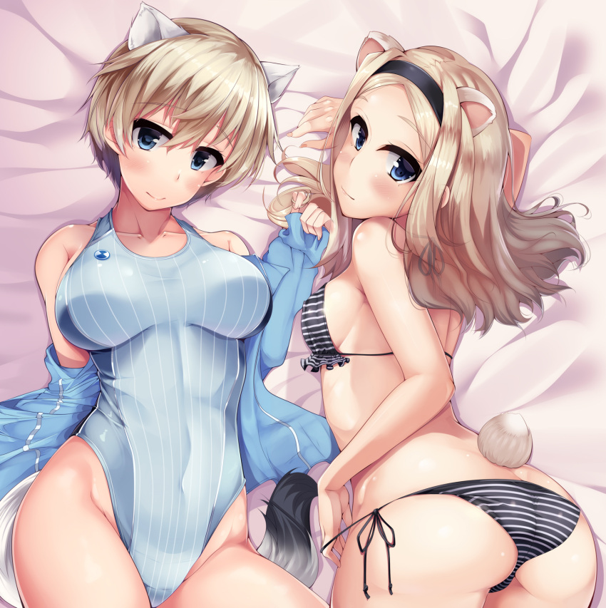 2girls aleksandra_i_pokryshkin animal_ears bear_ears bear_tail bed bikini black_bikini blonde_hair blue_eyes blue_jacket blue_swimsuit brave_witches competition_swimsuit ermine_ears green_eyes hairband highres jacket long_hair looking_at_viewer lying multiple_girls nikka_edvardine_katajainen nksk on_stomach one-piece_swimsuit open_clothes open_jacket short_hair side-tie_bikini striped striped_bikini swimsuit tail weasel_ears weasel_tail world_witches_series