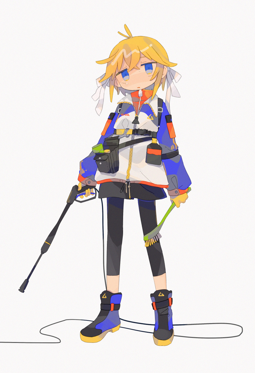 1girl absurdres arms_at_sides blonde_hair blue_eyes daizu_(melon-lemon) full_body gloves grey_background hair_ornament head_tilt highres holding huge_filesize jacket leggings long_sleeves looking_at_viewer no_nose parted_lips short_hair simple_background solo standing sweat tears yellow_gloves