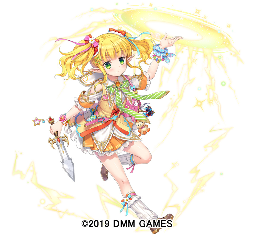 1girl arm_up bag bangs blonde_hair blue_bow blue_scrunchie blush bow brooch brown_footwear brown_jacket character_request closed_mouth collared_shirt eyebrows_visible_through_hair flower full_body gemini_seed green_bow green_eyes hagino_kouta hair_bow holding holding_sword holding_weapon jacket jewelry kneehighs loafers official_art orange_skirt pink_bow pleated_skirt pointy_ears polka_dot polka_dot_scrunchie ribbed_legwear scrunchie shirt shoes short_sleeves short_sword shoulder_bag shoulder_cutout sidelocks simple_background skirt sleeveless_jacket smile solo sword twintails watermark weapon white_background white_flower white_legwear white_shirt wrist_scrunchie