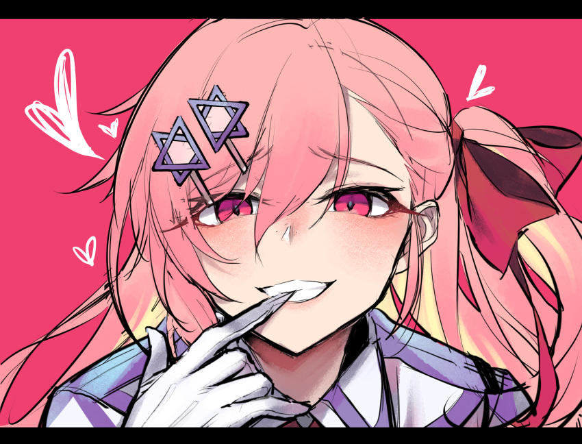 1girl biting blush girls_frontline glove_biting gloves grin hair_ornament hair_ribbon heart hexagram highres jingo letterboxed long_hair looking_at_viewer negev_(girls_frontline) one_side_up pink_background pink_hair red_eyes red_ribbon ribbon shirt sidelocks sketch smile solo star_of_david teeth uniform upper_body white_gloves white_shirt