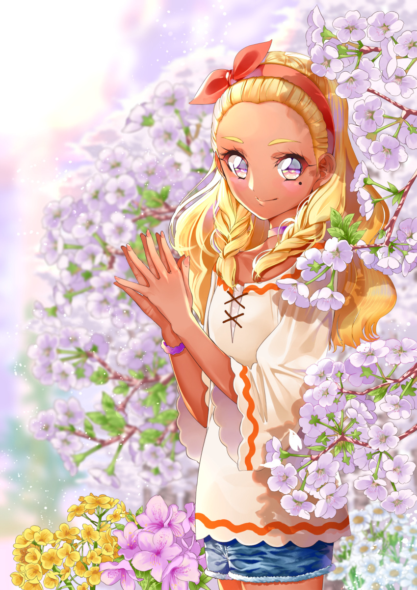 1girl amamiya_erena blonde_hair blue_shorts blurry blurry_background blush bow closed_mouth collarbone cowboy_shot dark_skin flower hair_bow hairband highres long_hair looking_at_viewer mole mole_under_mouth precure purple_flower purple_scrunchie red_bow red_hairband scrunchie shirt short_shorts shorts smile solo standing star_twinkle_precure violet_eyes white_flower white_shirt wrist_scrunchie yellow_flower yuutarou_(fukiiincho)