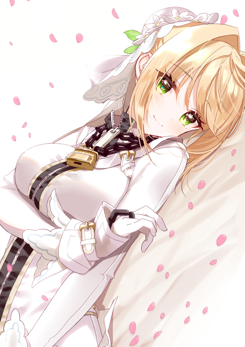 1girl ahoge arm_under_breasts bangs bed_sheet blonde_hair blush bodysuit breast_hold breasts bridal_veil bun_cover chain closed_mouth dutch_angle eyebrows_visible_through_hair fate/extra fate/extra_ccc fate_(series) flower full-length_zipper gloves green_eyes hair_between_eyes hair_bun hair_intakes highres large_breasts lock long_hair long_sleeves looking_at_viewer lying misumi_(macaroni) nero_claudius_(bride)_(fate) nero_claudius_(fate)_(all) on_back padlock petals sidelocks smile solo veil white_background white_bodysuit white_flower white_gloves zipper