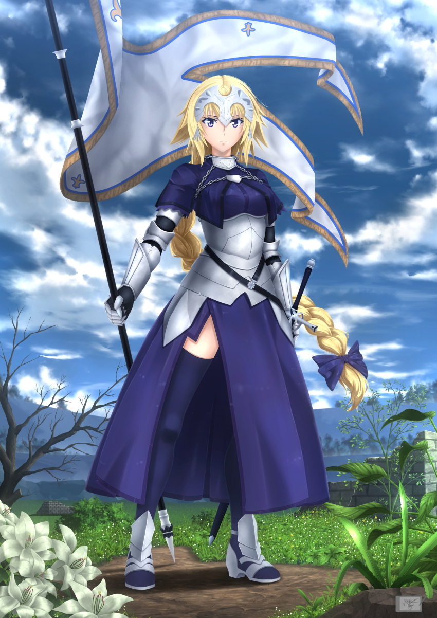 1girl absurdres armor bare_tree blonde_hair blue_bow blue_sky bow chain clouds dirt_road expressionless fate/apocrypha fate_(series) fleur_de_lis flower flower_request grass headphones highres jeanne_d'arc_(fate) jeanne_d'arc_(fate)_(all) long_braid ruins satyarizqy sky solo standard_bearer sword thigh-highs thighs tree violet_eyes weapon