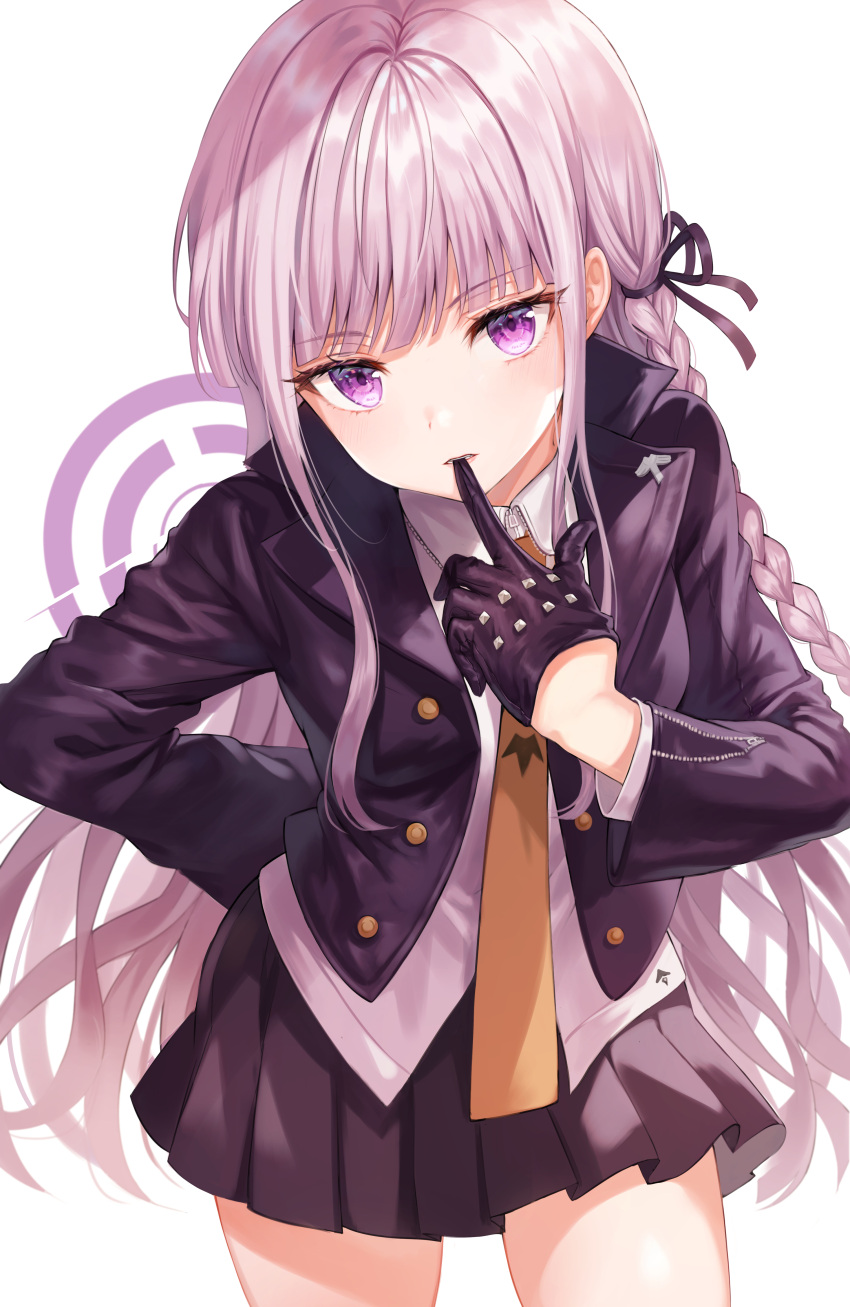 1girl absurdres arm_behind_back bangs biting blazer blush braid buttons collared_shirt cowboy_shot dangan_ronpa dangan_ronpa_1 eyebrows_visible_through_hair glove_biting gloves hands highres jacket kirigiri_kyouko leaning_forward long_hair long_sleeves looking_at_viewer miniskirt necktie open_clothes open_jacket open_mouth pleated_skirt purple_hair purple_skirt school_uniform shirt side_braid sidelocks simple_background skirt solo standing tokkyu_(user_mwwe3558) undershirt very_long_hair violet_eyes white_background white_shirt wing_collar