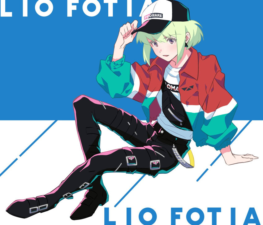 bangs belt casual character_name earrings hat highres jacket jewelry lio_fotia long_sleeves looking_at_viewer male_focus open_mouth pants promare rew241 shirt smile violet_eyes