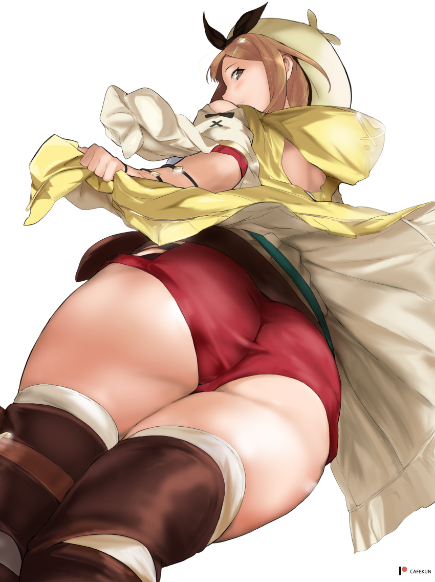 1girl ass atelier_(series) atelier_ryza belt black_ribbon brown_belt brown_footwear brown_hair cafekun commentary_request from_below hair_ornament hairclip highres holding holding_jacket jacket leather_belt looking_back red_shorts reisalin_stout ribbon short_shorts shorts shoulder_cutout sleeveless_jacket thighs white_headwear yellow_jacket