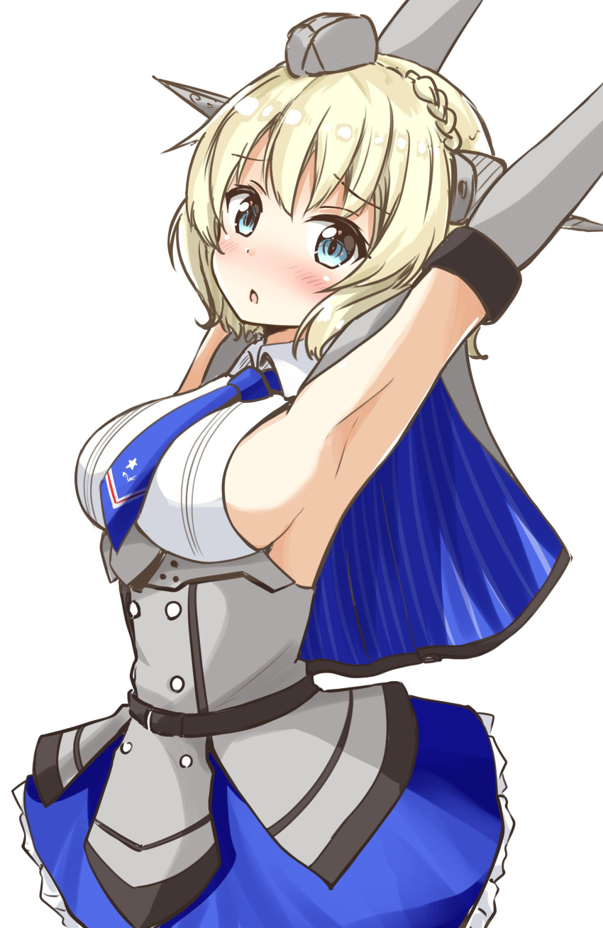 1girl absurdres aikawa_ryou armpits arms_up blonde_hair blue_eyes blue_neckwear breasts capelet colorado_(kantai_collection) cowboy_shot dress elbow_gloves garrison_cap gloves grey_dress hat headgear highres kantai_collection large_breasts necktie pleated_dress shirt short_hair side_braids sideboob simple_background sleeveless solo white_background white_shirt