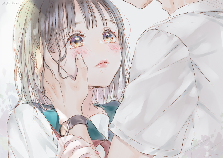 1boy 1girl ao+beni black_hair blush commentary_request couple hand_on_another's_cheek hand_on_another's_face hetero long_hair looking_at_another neckerchief original red_neckwear sailor_collar school_uniform serafuku solo_focus watch watch