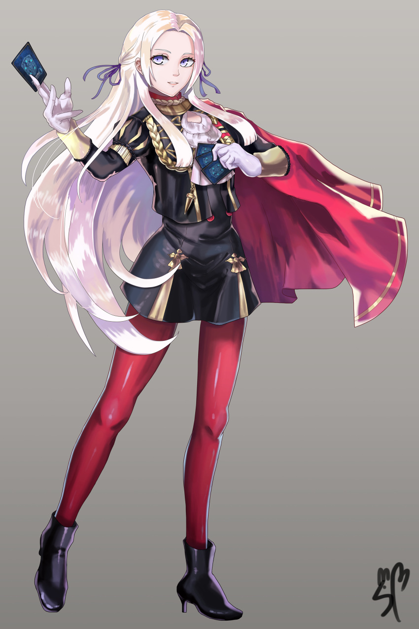 1girl absurdres blonde_hair blue_eyes cape card cravat edelgard_von_hresvelgr_(fire_emblem) fire_emblem fire_emblem:_three_houses fire_emblem_cipher gloves grey_background hair_ornament hair_ribbon highres holding holding_card long_hair long_sleeves pantyhose red_cape red_legwear ribbon signature simple_background smile solo songban uniform very_long_hair white_gloves