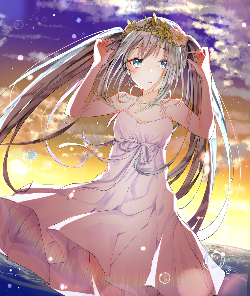 1girl absurdres arms_up backlighting bangs bare_arms bare_shoulders blue_sky breasts bubble clouds cloudy_sky collarbone commentary_request dress eyebrows_visible_through_hair fingernails flower green_eyes green_hair hatsune_miku head_wreath highres horizon huge_filesize long_hair miyo_(user_zdsp7735) ocean outdoors parted_lips pleated_dress sidelocks sky sleeveless sleeveless_dress small_breasts solo summer sunlight sunset twintails very_long_hair vocaloid water white_dress white_flower