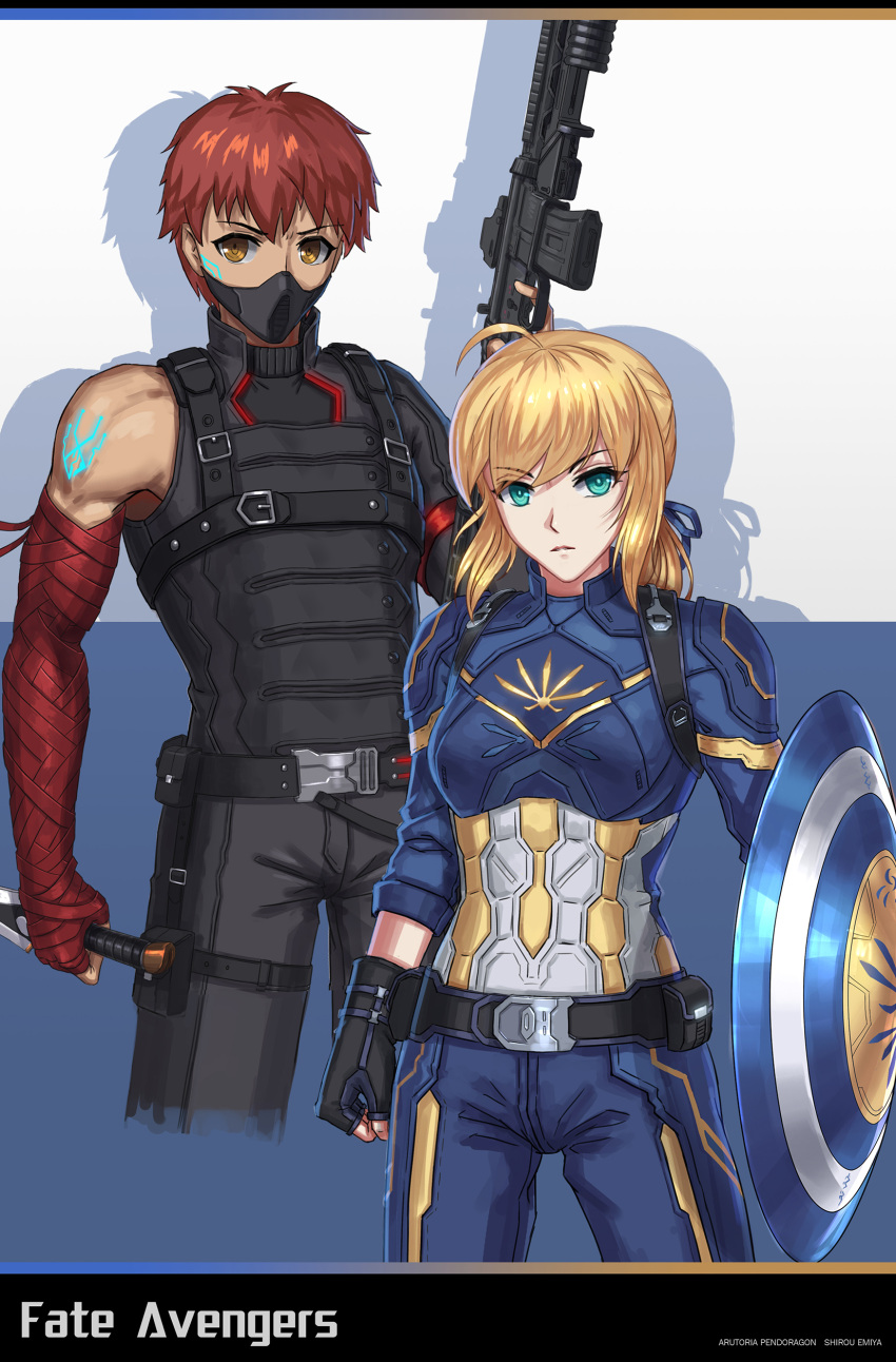 1boy 1girl absurdres ahoge armor artoria_pendragon_(all) assault_rifle avengers belt blonde_hair brilliant_naraku captain_america captain_america_(cosplay) cosplay costume_request emiya_shirou eyebrows_visible_through_hair face_mask fate/grand_order fate/stay_night fate_(series) finger_on_trigger fingerless_gloves gloves green_eyes gun highres looking_at_viewer looking_to_the_side mask orange_eyes redhead reverse_grip rifle saber shield weapon