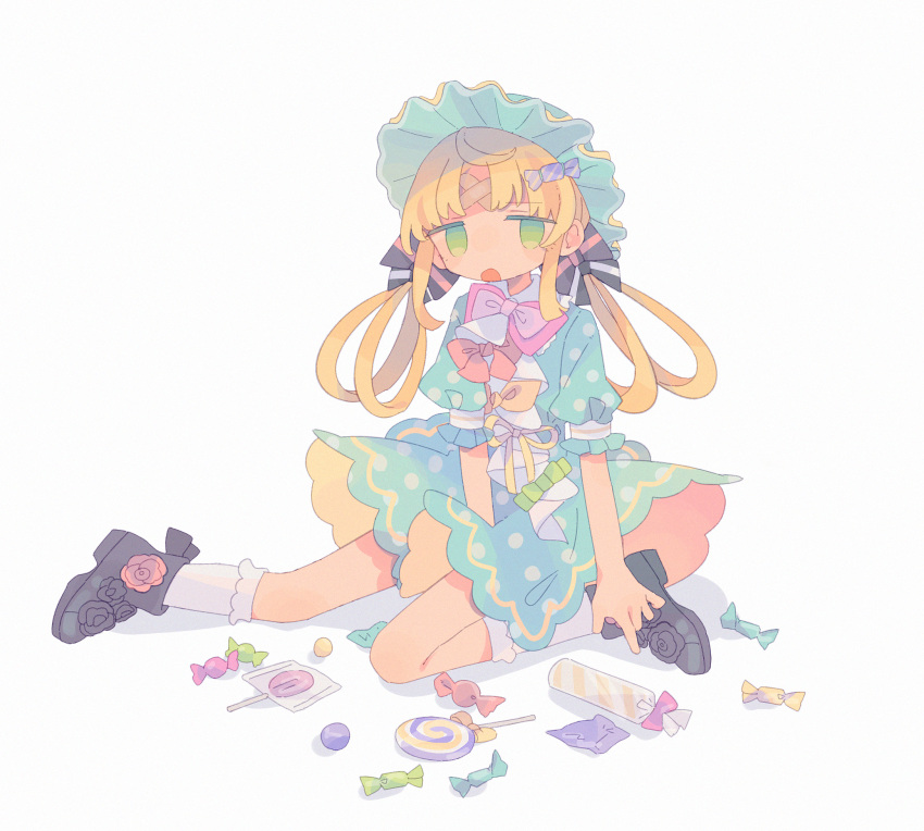 1girl ahoge arm_support bandaid bandaid_on_forehead black_footwear blonde_hair candy daizu_(melon-lemon) dress food frills gradient_eyes green_eyes hair_rings highres huge_filesize lollipop long_hair looking_at_viewer multicolored multicolored_eyes no_nose original puffy_short_sleeves puffy_sleeves short_sleeves simple_background sitting socks solo wariza