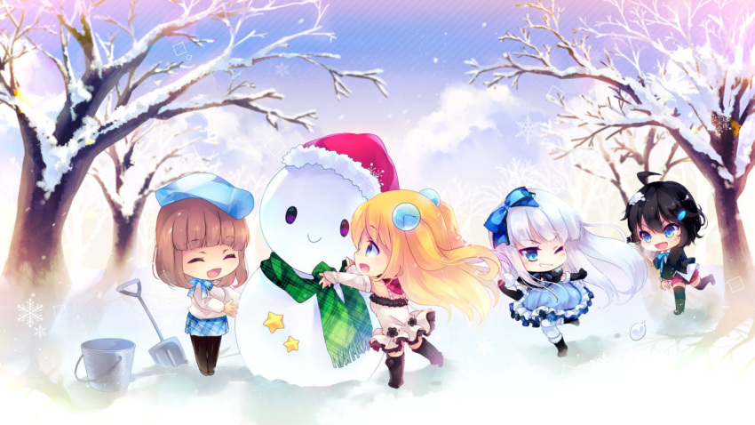 4girls :d ^_^ ahoge aizawa_aoi aizawa_hikaru aizawa_rei aizawa_yuu_(microsoft) arm_warmers bare_tree beret black_gloves black_hair black_legwear blonde_hair blue_eyes boots bow brown_hair bucket chibi closed_eyes dress elbow_gloves gloves grin hair_bobbles hair_bow hair_ornament hair_ribbon hairclip hat leg_warmers merry_christmas microsoft multiple_girls one_eye_closed open_mouth pantyhose plaid plaid_scarf plaid_shorts plaid_skirt ribbon santa_hat scarf shinia short_hair shorts shovel silver_hair skirt smile snow snowball snowball_fight snowflakes snowman thigh-highs tree two_side_up v-shaped_eyebrows