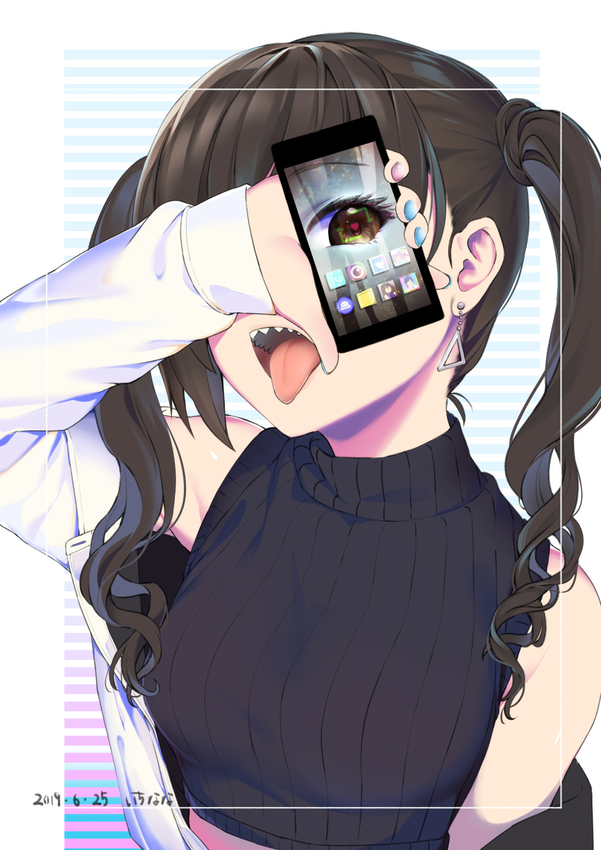 1girl absurdres arm_up armpits artist_name black_sweater blue_nails breasts brown_eyes brown_hair cellphone covering_eyes dated heart heart-shaped_pupils highres holding holding_cellphone holding_phone idolmaster idolmaster_cinderella_girls jacket long_hair long_sleeves medium_breasts mokyutan nail_polish off_shoulder open_clothes open_jacket open_mouth phone purple_nails sharp_teeth smartphone solo striped striped_background sunazuka_akira sweater symbol-shaped_pupils teeth tongue tongue_out twintails upper_teeth white_jacket