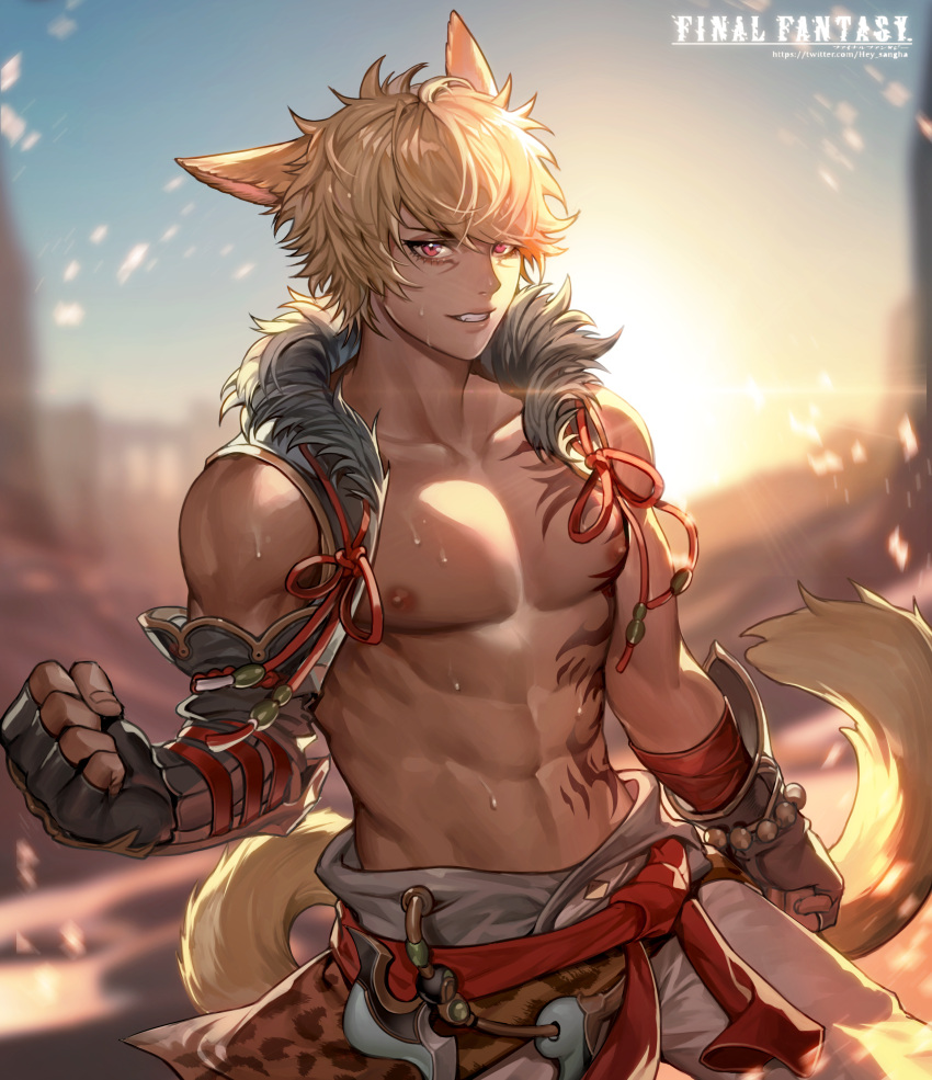 1boy abs absurdres animal_ears arm_at_side backlighting bangs bare_shoulders blonde_hair cat_ears cat_tail chest chest_tattoo clenched_hands collarbone commission copyright_name cowboy_shot day fang final_fantasy final_fantasy_xiv fingerless_gloves fur_collar gloves grin hajun_(hey_sangha) hand_up highres huge_filesize lips looking_at_viewer male_focus miqo'te monk_(final_fantasy) navel nipples open_clothes open_vest outdoors pants pectorals short_hair smile solo stomach stomach_tattoo sun sweat tail tattoo toned twitter_username vest violet_eyes watermark web_address