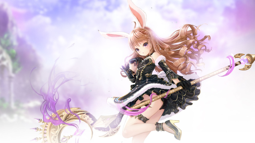 1girl animal_ears artist_request black_dress black_footwear black_gloves black_panties black_sleeves blonde_hair choker curly_hair detached_sleeves dress elin_(tera) gloves hand_on_own_chest high_heels highres leg_up legs long_hair official_art open_mouth panties pink_eyes rabbit_ears shoes short_dress solo staff standing standing_on_one_leg tera_online thigh_strap thighs underwear very_long_hair weapon wind wind_lift