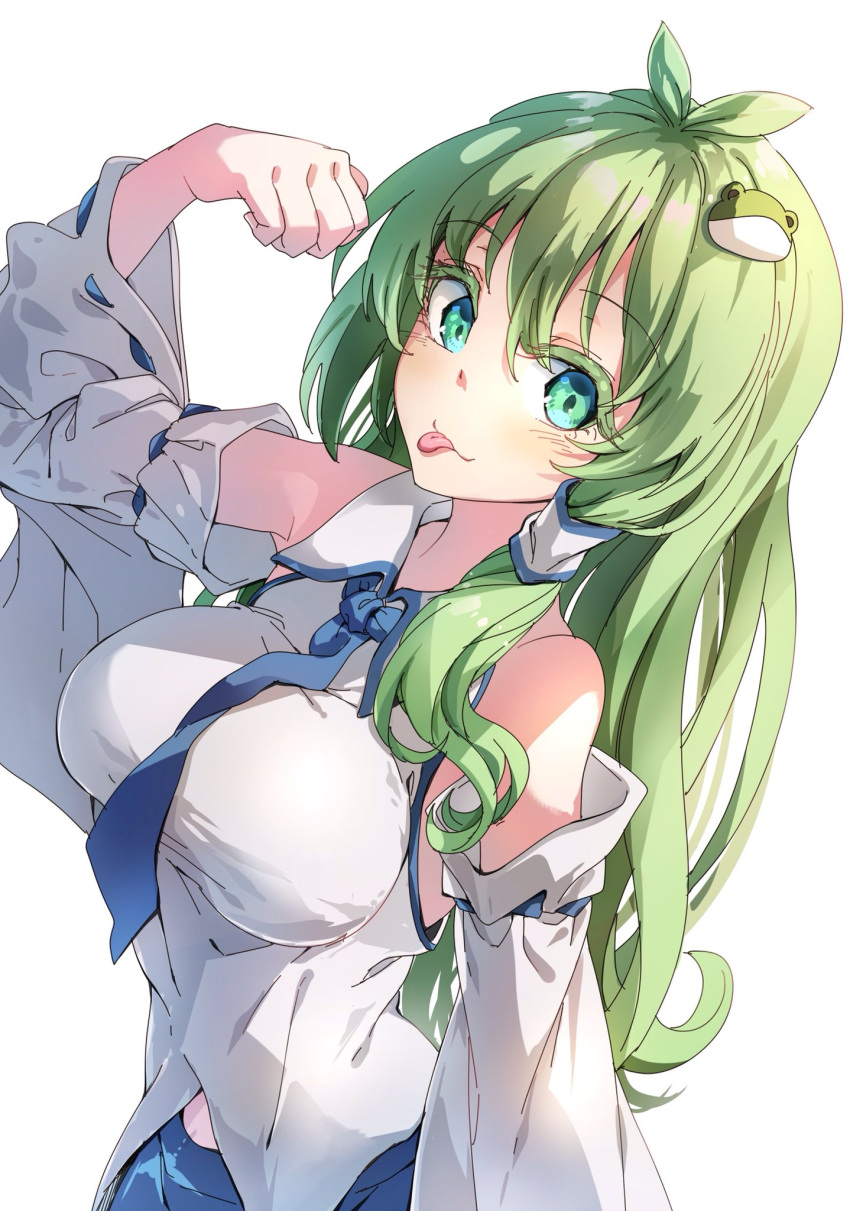 1girl :p antenna_hair arm_up bangs bare_shoulders blue_neckwear blue_skirt blush breasts collared_shirt colored_eyelashes commentary_request darjeeling_(reley) detached_sleeves eyebrows_visible_through_hair frog_hair_ornament green_eyes green_hair hair_between_eyes hair_ornament hair_tubes hairclip highres kochiya_sanae large_breasts long_hair long_sleeves necktie nontraditional_miko revision ribbon-trimmed_sleeves ribbon_trim shirt sidelocks skirt sleeveless sleeveless_shirt snake_hair_ornament solo tongue tongue_out touhou upper_body white_background white_shirt wide_sleeves