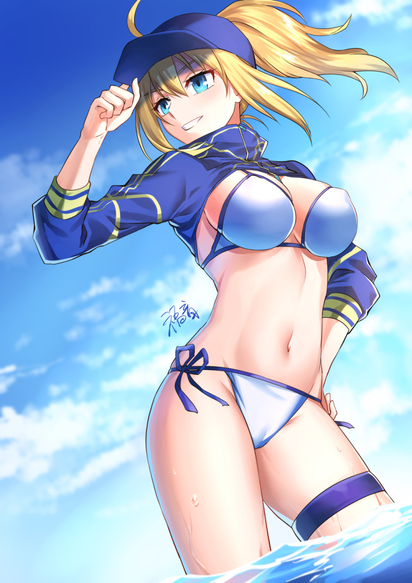 1girl ahoge artoria_pendragon_(all) bangs baseball_cap bikini blonde_hair blue_eyes blue_headwear blue_sky breasts clouds cloudy_sky commentary_request contrapposto day dutch_angle eyebrows_visible_through_hair fate/grand_order fate_(series) gogatsu_fukuin grin groin hair_between_eyes hair_through_headwear hand_on_headwear hand_on_hip hand_up hat high_ponytail highres large_breasts long_sleeves looking_away looking_to_the_side mysterious_heroine_x navel outdoors ponytail shrug_(clothing) side-tie_bikini sidelocks signature skindentation sky smile solo swimsuit thigh_strap v-shaped_eyebrows wading water wet white_bikini