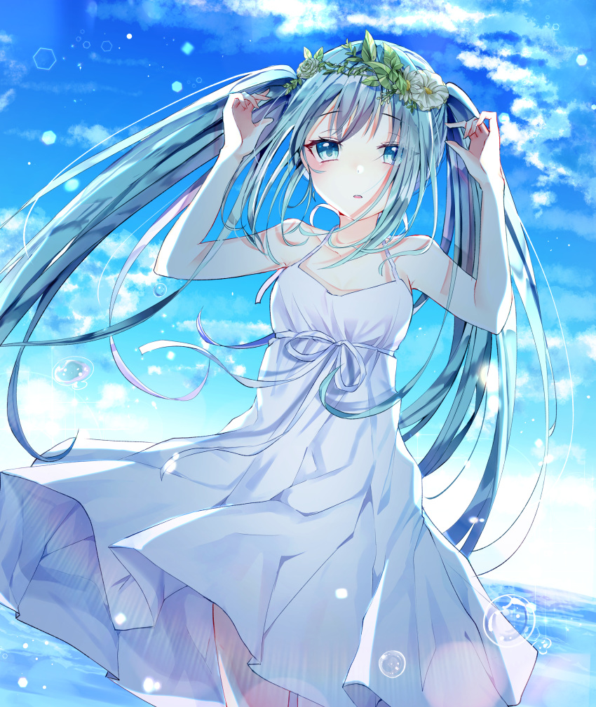 1girl absurdres arms_up backlighting bangs bare_arms bare_shoulders blue_sky breasts bubble clouds cloudy_sky collarbone day dress eyebrows_visible_through_hair fingernails flower green_eyes green_hair hatsune_miku head_wreath highres horizon huge_filesize long_hair miyo_(user_zdsp7735) ocean outdoors parted_lips pleated_dress sidelocks sky sleeveless sleeveless_dress small_breasts solo summer sunset twintails very_long_hair vocaloid water white_dress white_flower