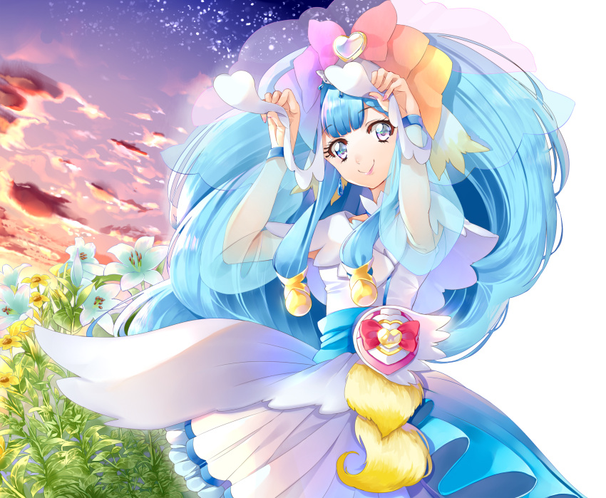 1girl arms_up bangs blue_eyes blue_hair bracelet closed_mouth cowboy_shot cure_ange dress earrings eyebrows_visible_through_hair flower highres hugtto!_precure jewelry layered_dress long_hair long_sleeves looking_at_viewer precure see-through shiny shiny_hair short_dress smile solo standing very_long_hair white_dress white_flower yakushiji_saaya yellow_flower yuutarou_(fukiiincho)