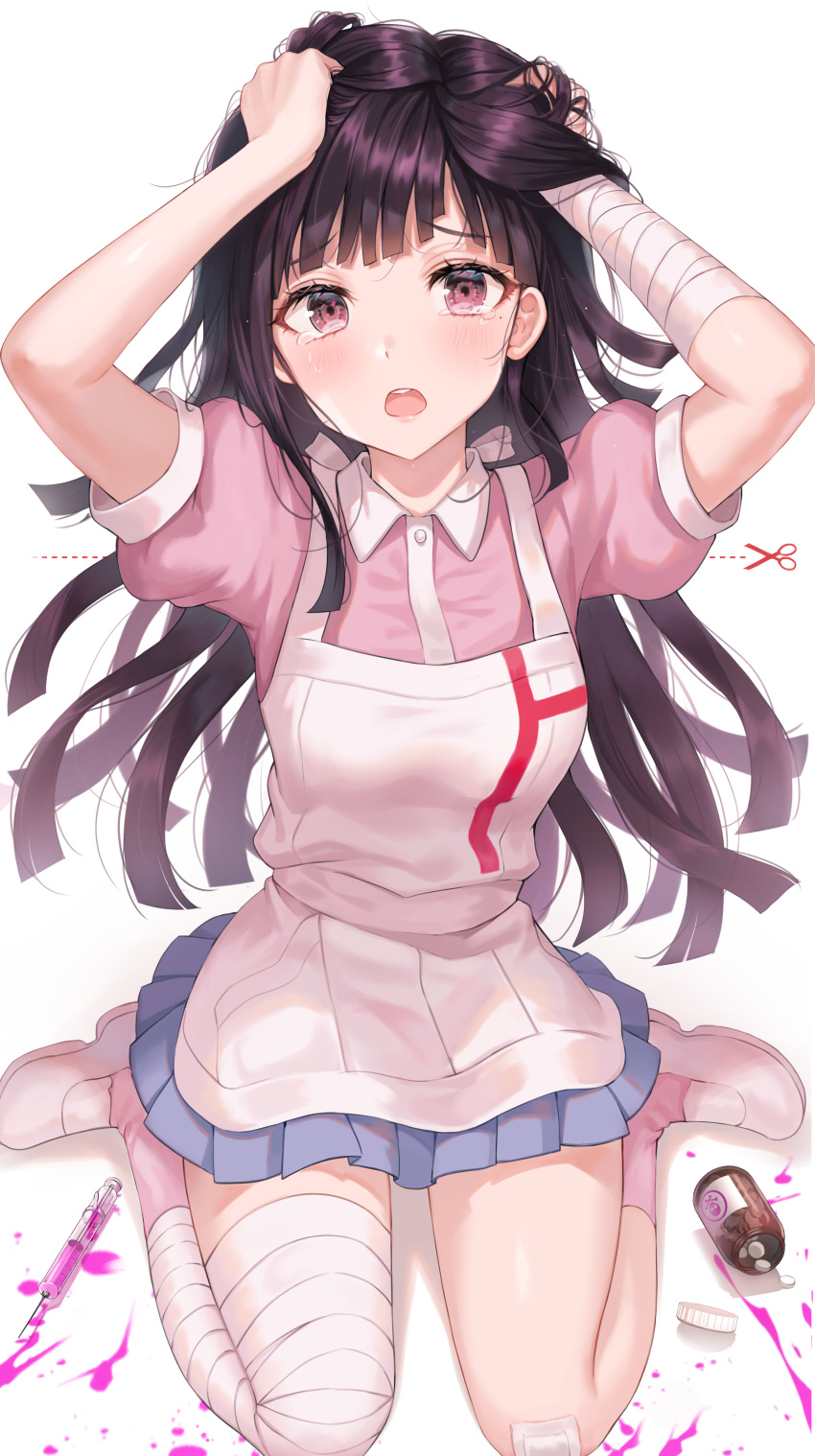 1girl absurdres apron arms_up bandaged_arm bandaged_leg bandages bangs black_hair blood blue_skirt blush bottle breasts commentary_request crying dangan_ronpa dress eyebrows_visible_through_hair hands_in_hair hands_on_head highres kneeling long_hair looking_at_viewer medium_breasts mole mole_under_eye nurse open_mouth pill pink_blood pink_shirt pleated_skirt puffy_short_sleeves puffy_sleeves purple_hair shirt shoes short_sleeves simple_background sitting skirt solo super_dangan_ronpa_2 syringe tears tokkyu_(user_mwwe3558) tsumiki_mikan uniform violet_eyes wariza white_apron white_background white_footwear